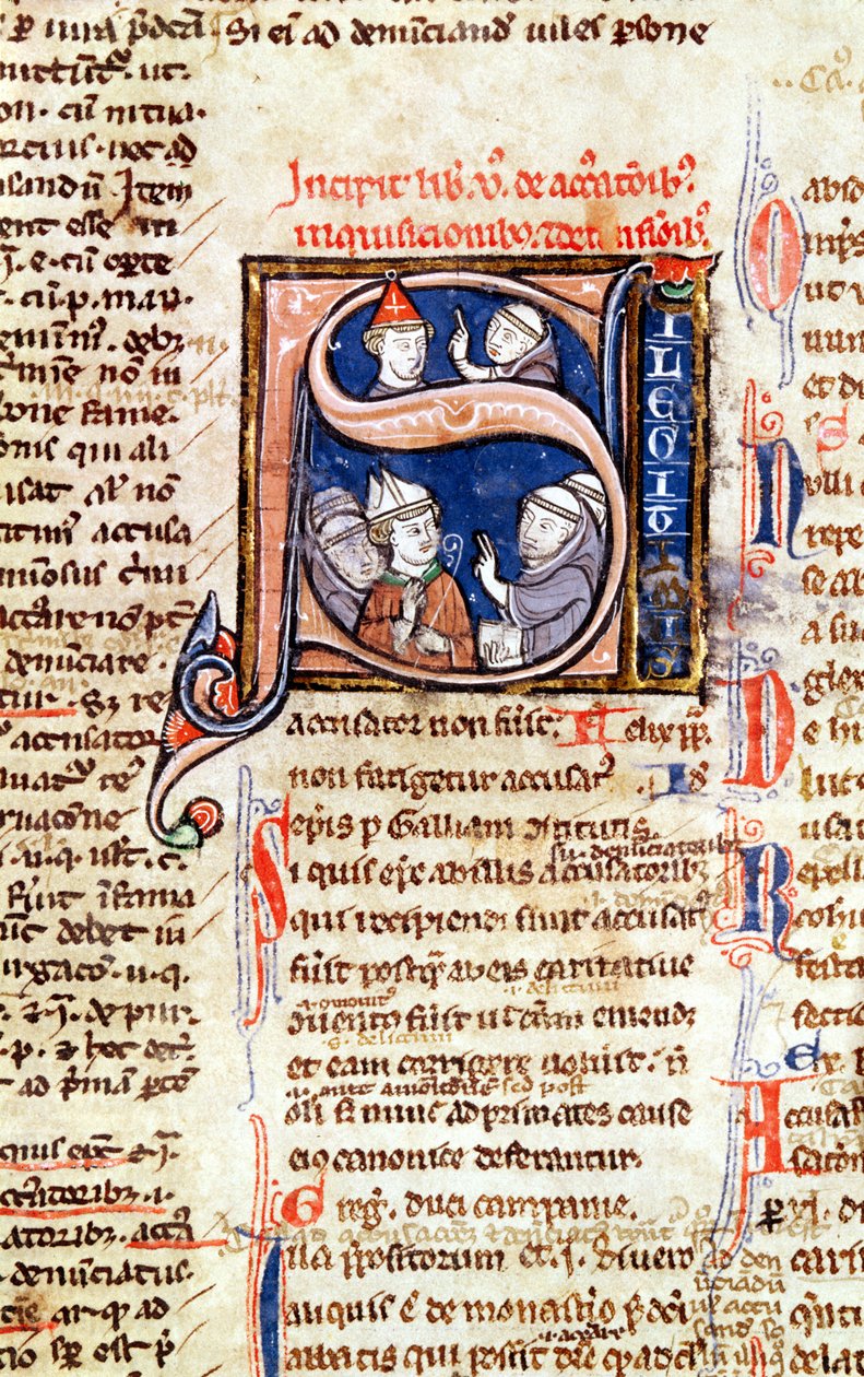 Ms 365 fol.350 Historiated S inicial representando o Papa Gregório IX (1220-50) com os bispos e abades, a partir do Decretals of Gregory IX de French School