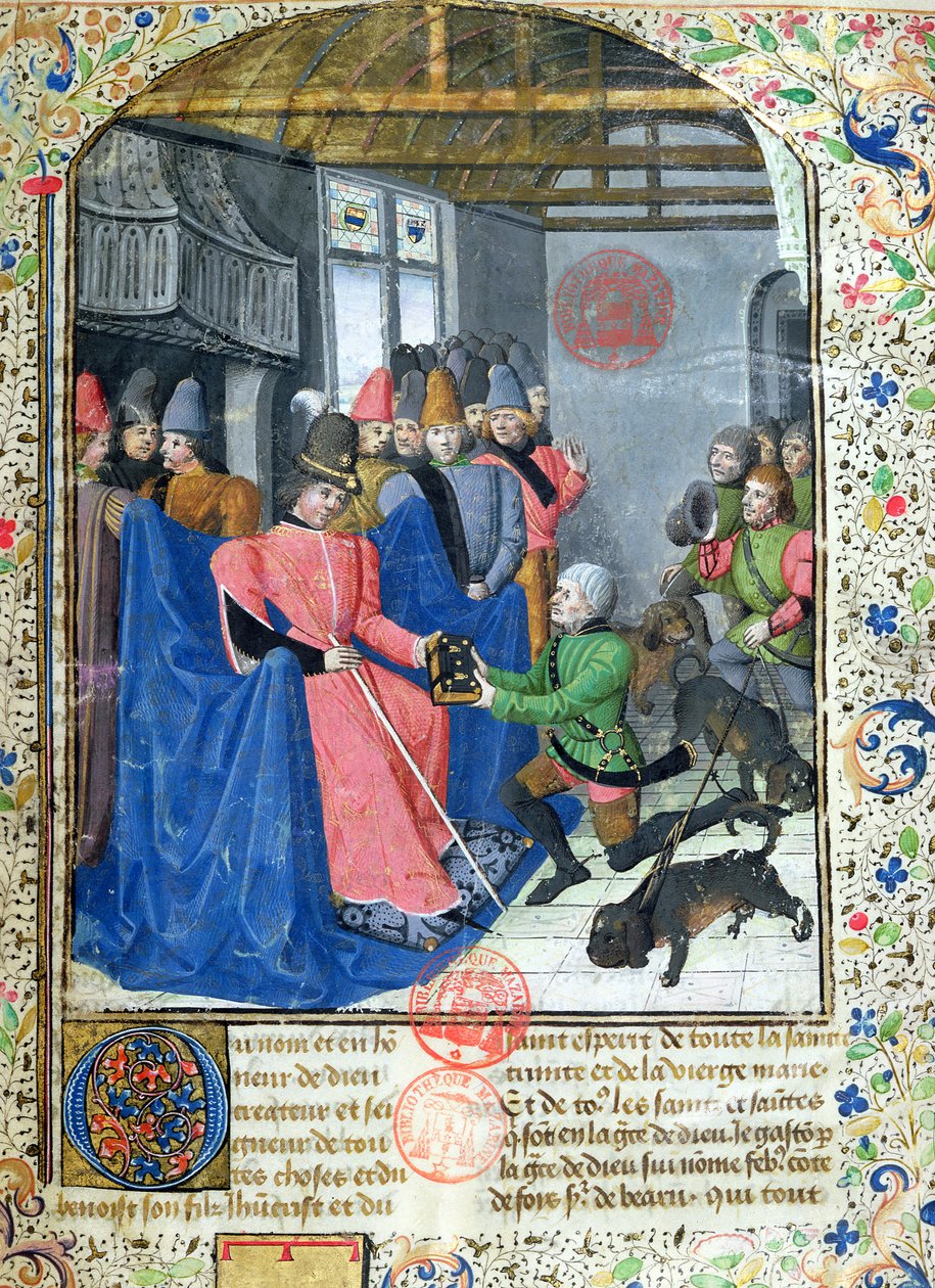 Ms 3717 Huntsman apresentando o autor com uma cópia de seu tratado sobre a caça, do Livre de la Chasse por Gaston Phebus de Foix (1331-1391) de French School