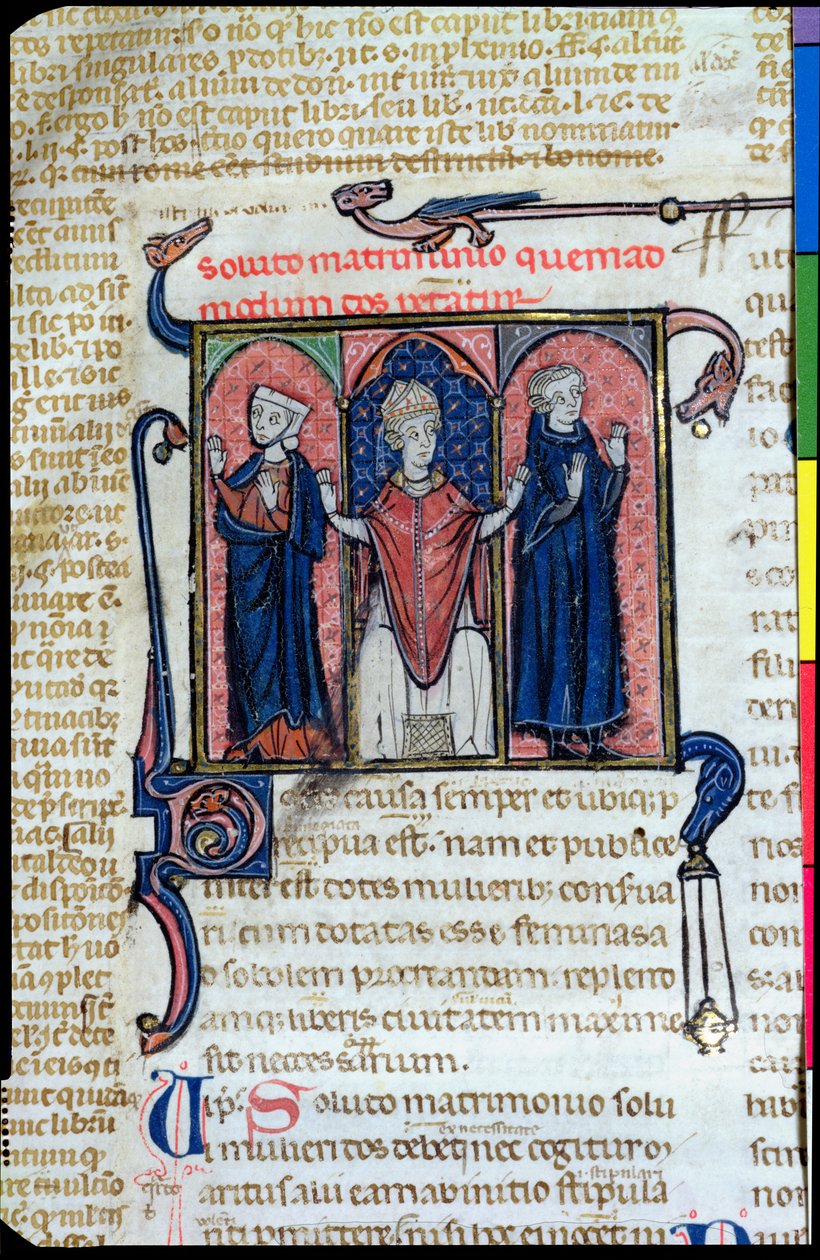 Ms 394, Ilustração do Digeste representando a dissolução de um casamento por um bispo, de French School