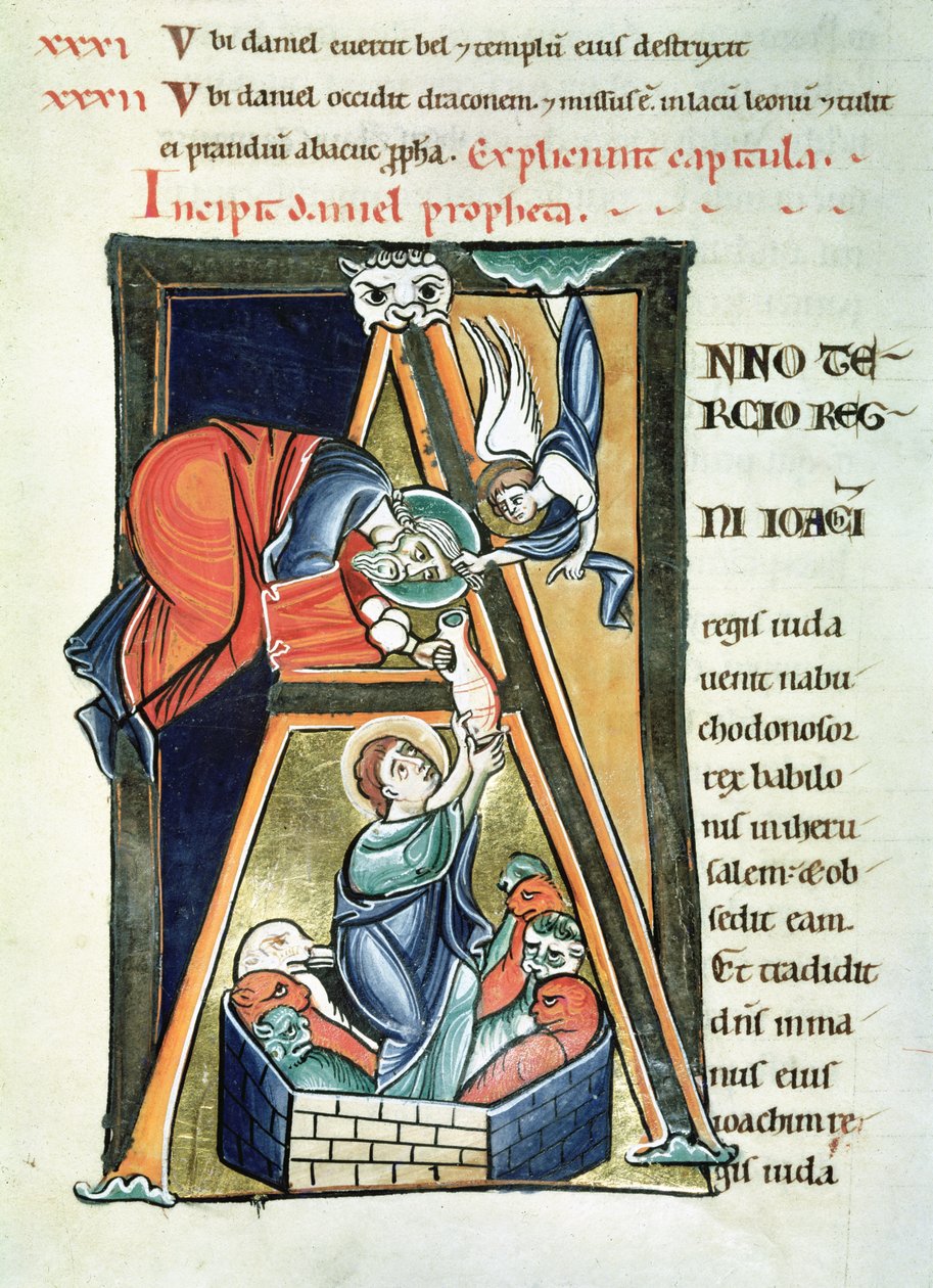 Ms3 fol.233 A inicial de Historiated A descreve Daniel no Lions Den, da Bíblia de Saint-Sulpice de Bourges de French School
