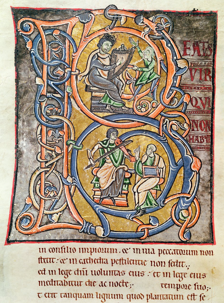 Ms3 fol.255 "B" inicial de Historiated representando o rei David, da "Bíblia de Saint-Sulpice de Bourges" de French School