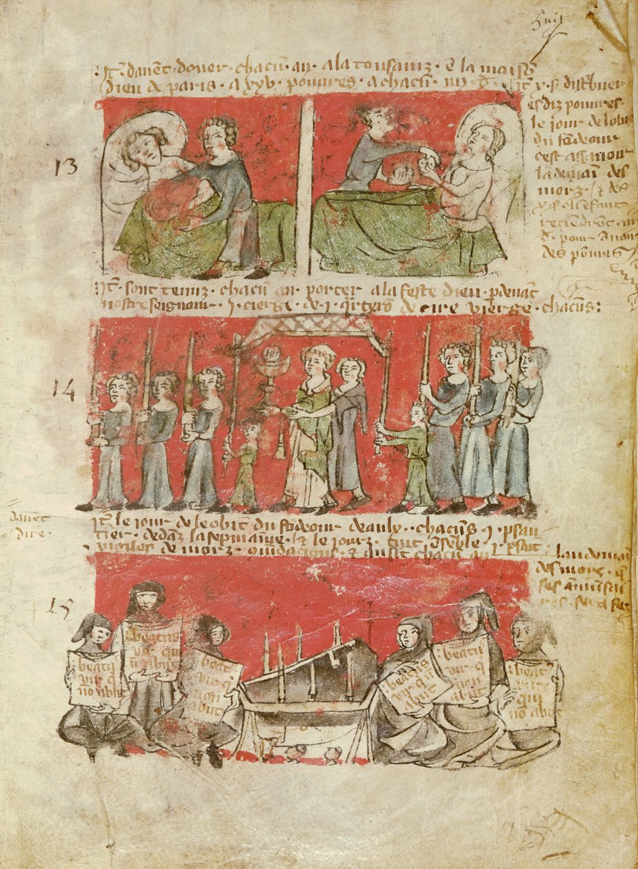 Ms 406 fol.6 Cenas da vida dos Estudantes do Colégio de Hubant ou da Ave Maria, dos Estatutos do Colégio de Hubant, Paris, 1387 de French School