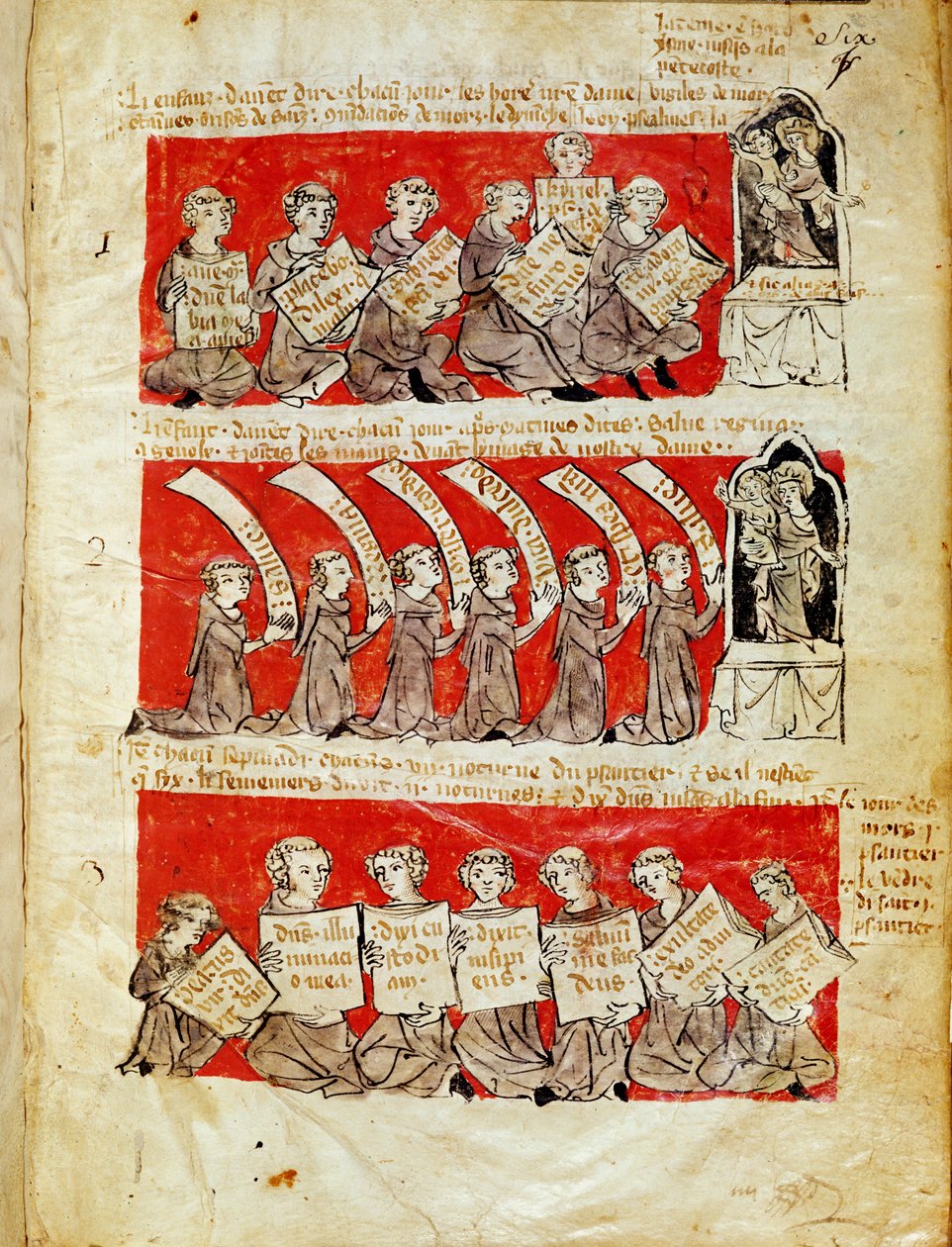 Ms 406 fol.6 Cenas da vida dos alunos do Colégio de Hubant ou o Colégio da Santíssima Virgem em Paris, a partir dos estatutos do Colégio de Hubant, 1387 de French School