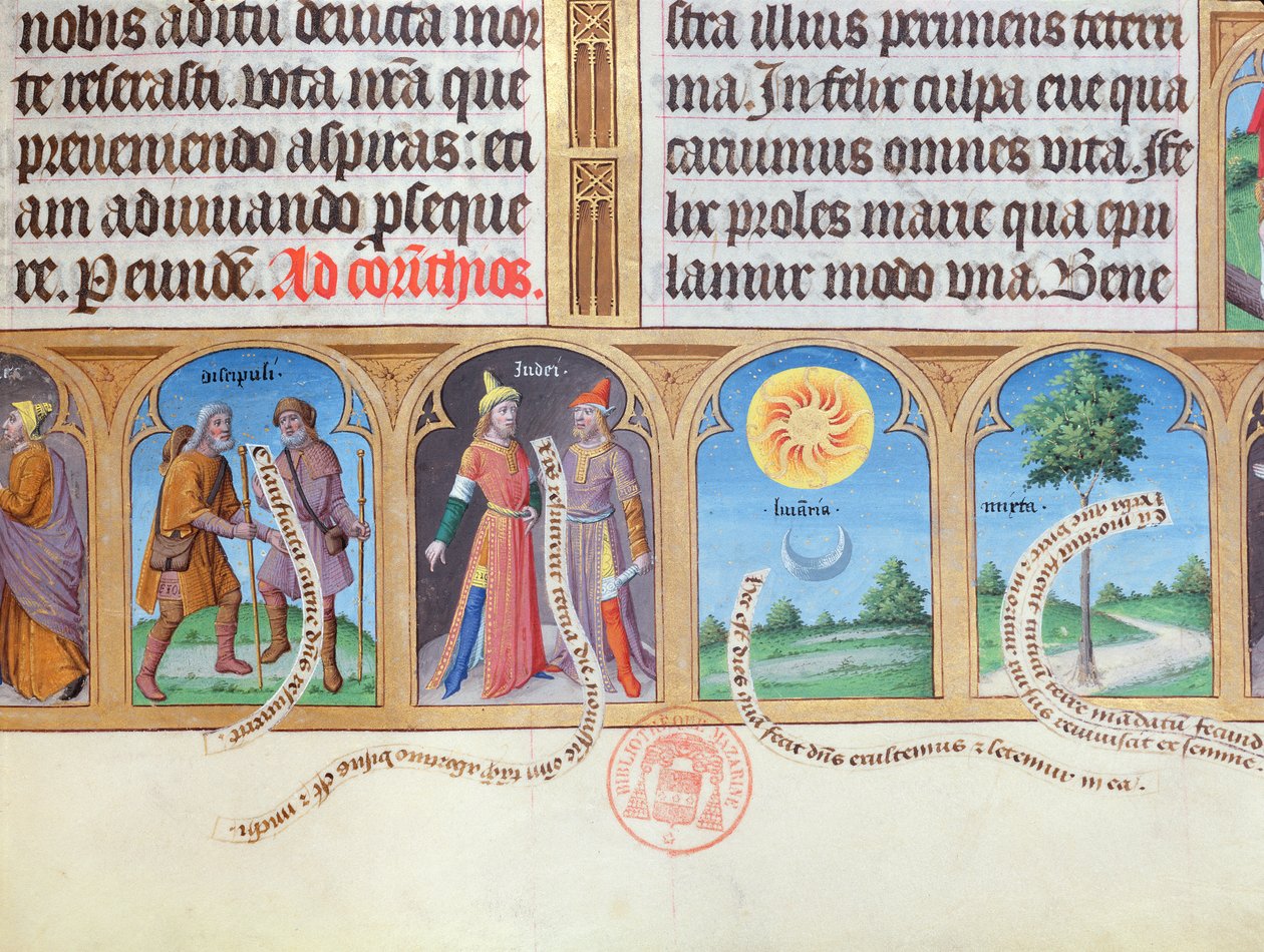 Ms 412 Livro de Horas com ilustrações de peregrinos, judeus. sol, lua e murta de French School