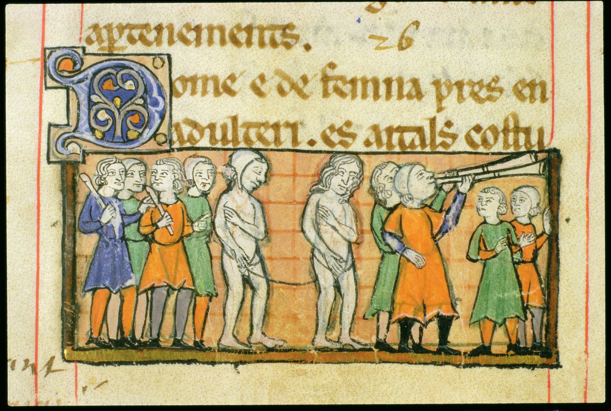 Ms 41 f.42v Punição de dois adúlteros por procissão de nus pela cidade, de Livre Juratiore dAgen de French School
