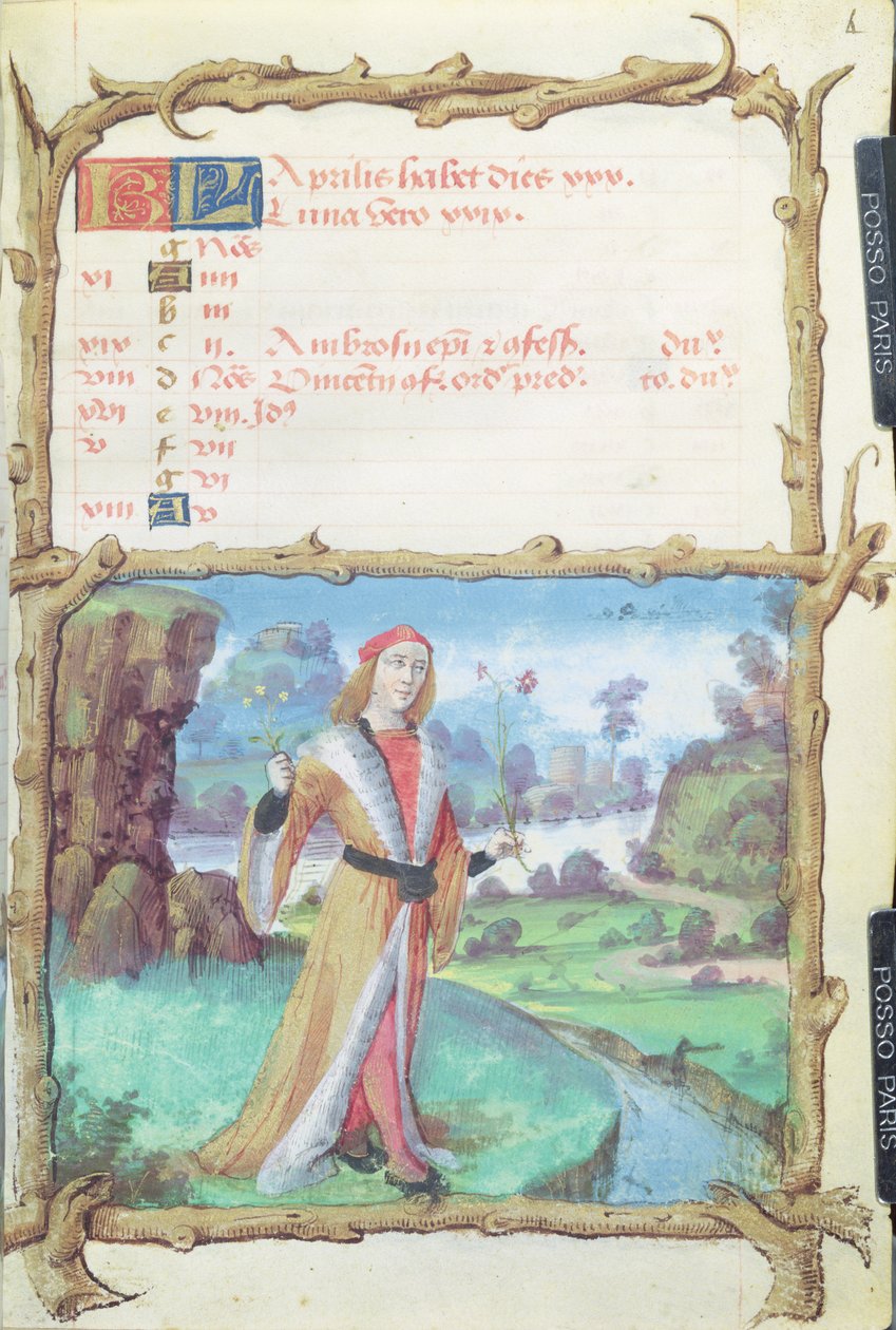 Ms 438 O Mês de Abril: Gentleman Picking Flowers, de um livro de horas, 1490 de French School