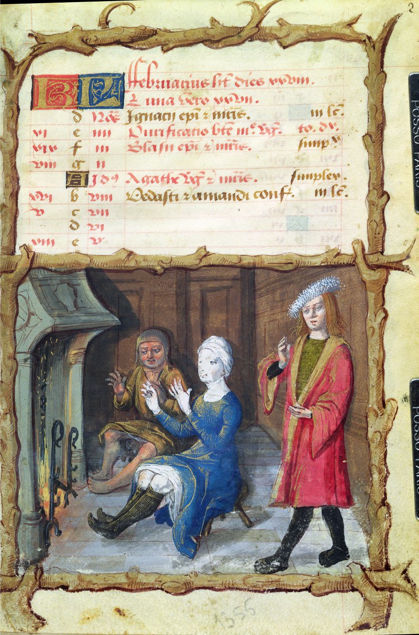 Ms 438 O Mês de Fevereiro: Aquecendo em frente ao Lar, a partir de um livro de horas, 1490 de French School