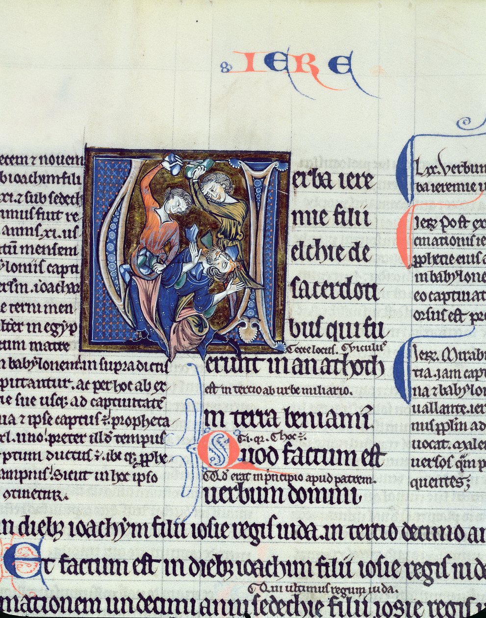 Ms 48 fol.95v Historiated inicial V representando o apedrejamento do profeta Jeremias de French School