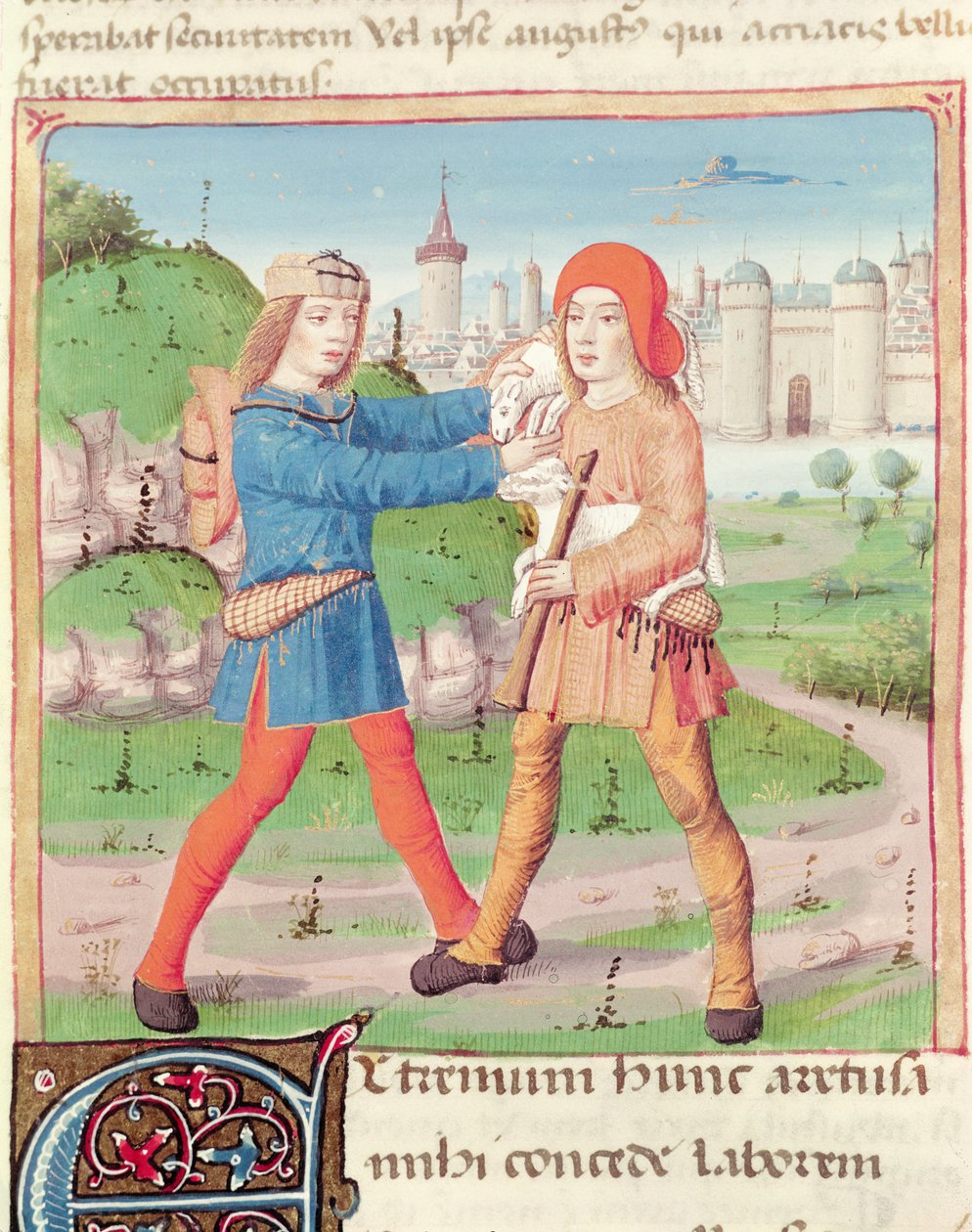 Ms 493 f.17 Uma troca de presentes, de The Eclogues por Virgil (70-19BC) com um comentário de Servius, 1469 de French School