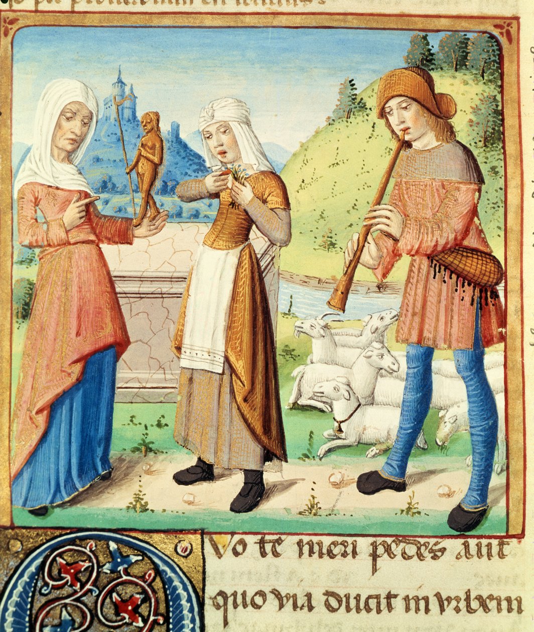Ms 493 fol.15v O pastor Menalcas e seu amor não correspondido, de The Eclogues por Virgil com um comentário de Servius, 1469 de French School