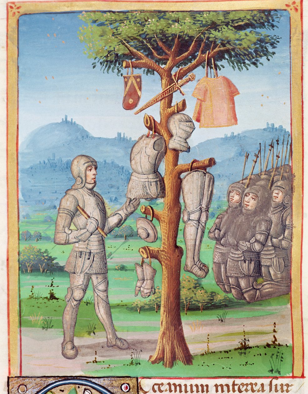 Ms 493 fol.193v Enéias pendura a armadura de Mezentius de um carvalho, da Eneida por Virgil com um comentário por Servius, 1469 de French School
