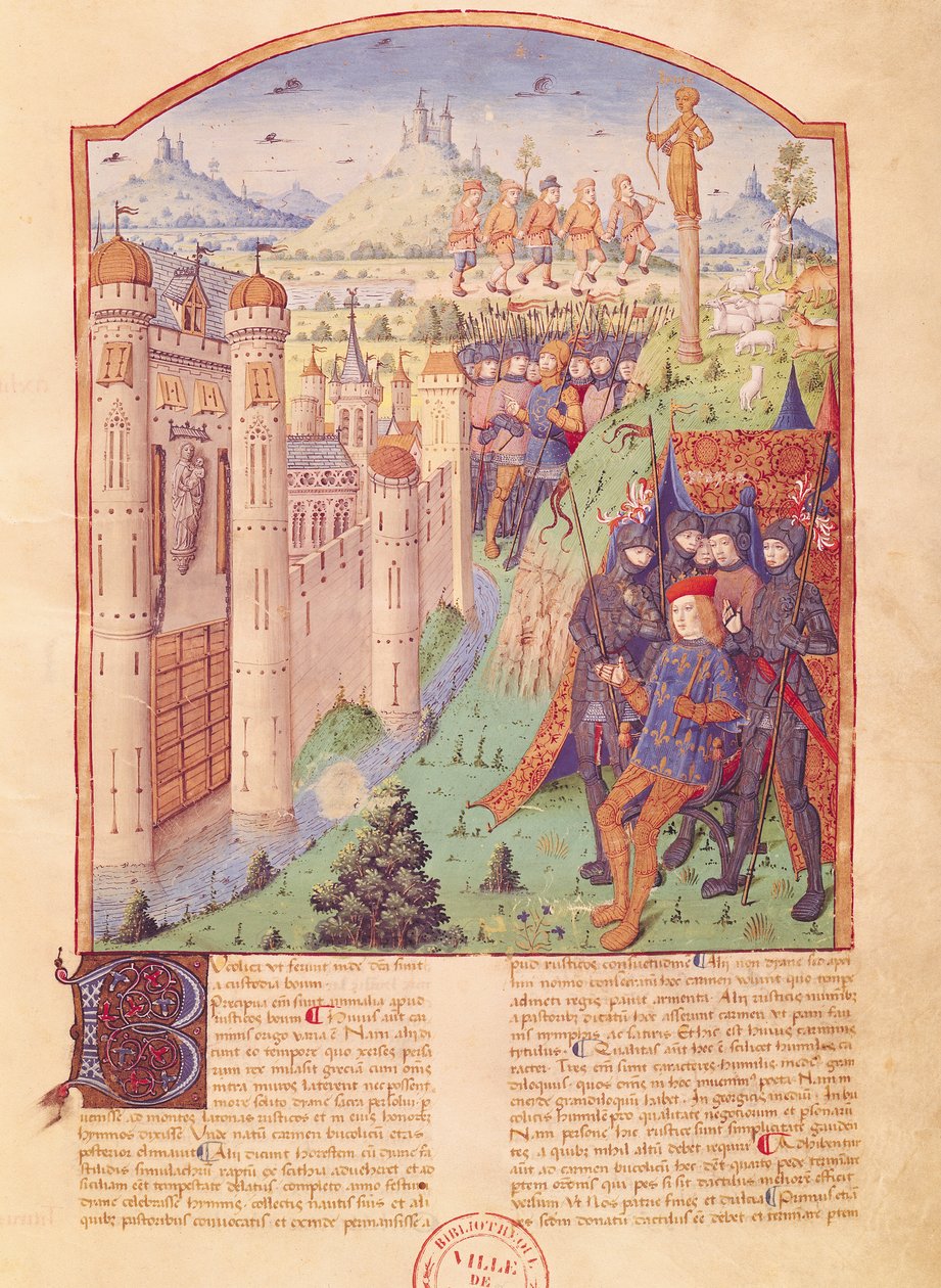 Ms 493 fol.1r Os Trabalhos de Virgil com Comentários de Servius, Os Bucólicos, Rei sentado em seu trono cercado por seus guardas em frente a uma cidade fortificada, França, 1469 de French School