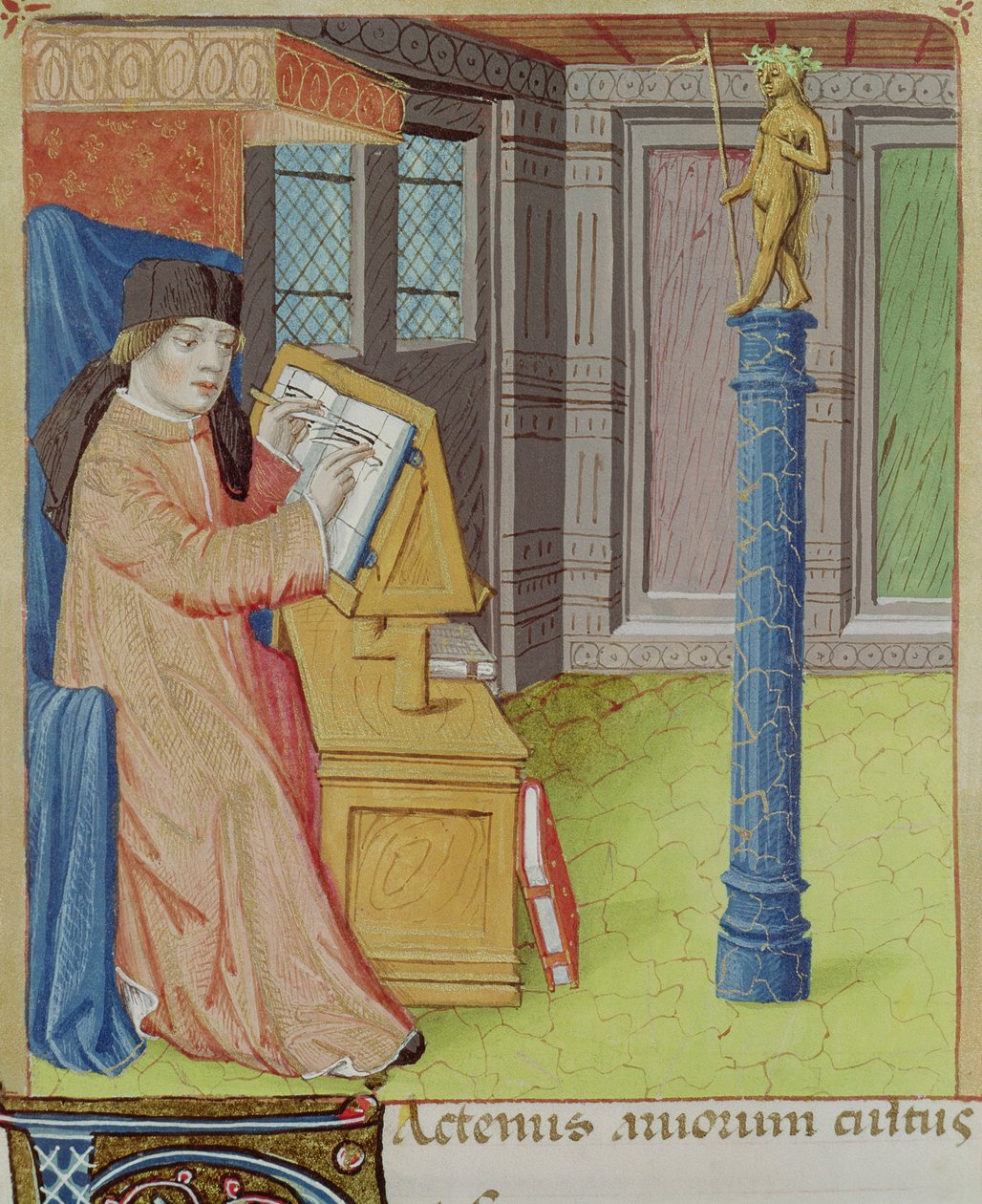 Ms 493 fol.29r Virgil escrevendo antes de Artemis, de The Georgics por Virgil (70-19 aC) com Commentary by Servius, 1469 de French School