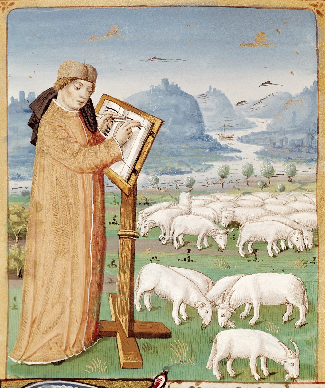Ms 493 fol.37v Escrita de Virgílio em um Campo de Ovelhas e Cabras, de The Georgics por Virgil (70-19 aC) com comentários de Servius, 1469 de French School