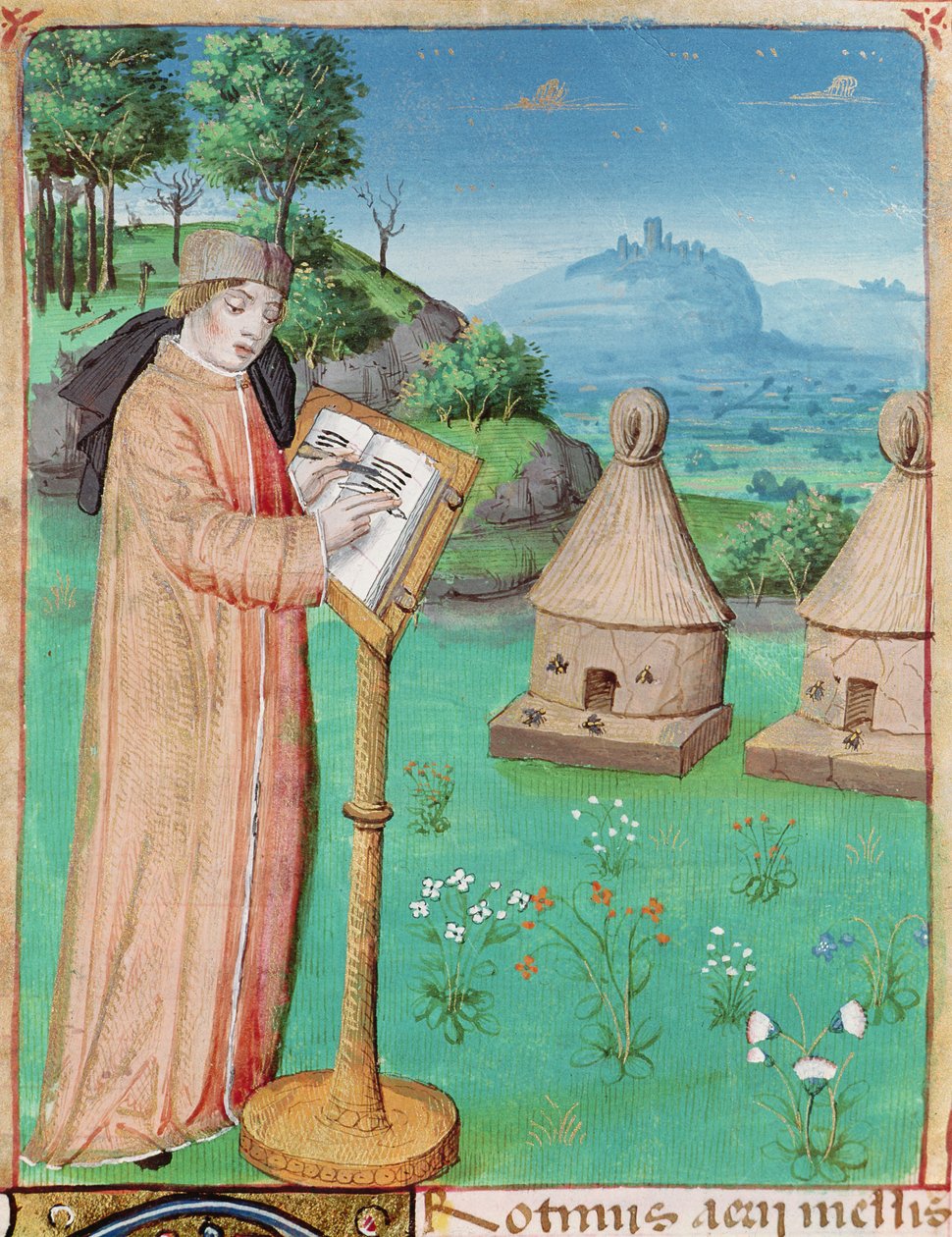 Ms 493 fol.45 Virgil (70-19BC), escrevendo a Vida das Abelhas, de The Georgics por Virgil com um comentário de Servius, 1469 de French School