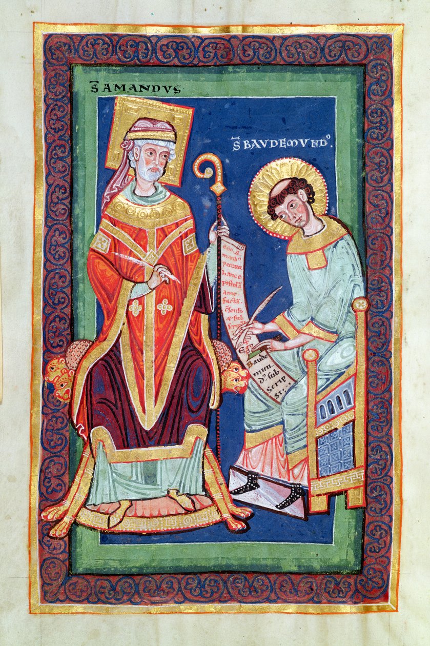 Ms 501 Fol.58 St. Amand retornando um pergaminho para St. Baudemond, da Vida e Milagres de St. Amand por St. Baudemond (c.1150-c.1199) de French School