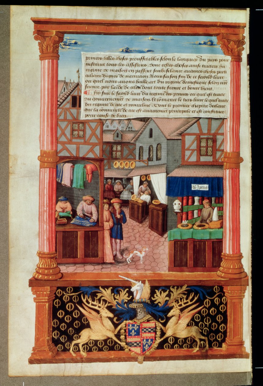 Ms 5062 fol.149v Uma rua com lojas e o brasão de Robert Stuart, marechal de dubigny Lucrece, de Livre de Gouvernement des Princes por Gilles de Rome de French School