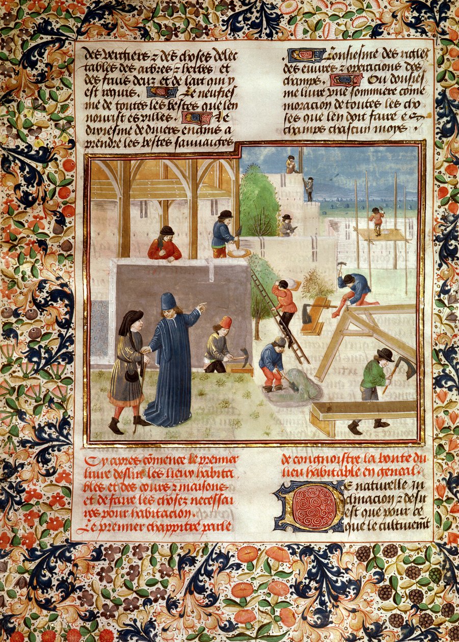 Ms 5064 fol.2v Construção de uma casa, de Livre des Prouffitz Champestres por Pietro de Crescenzi (1230-132021) de French School