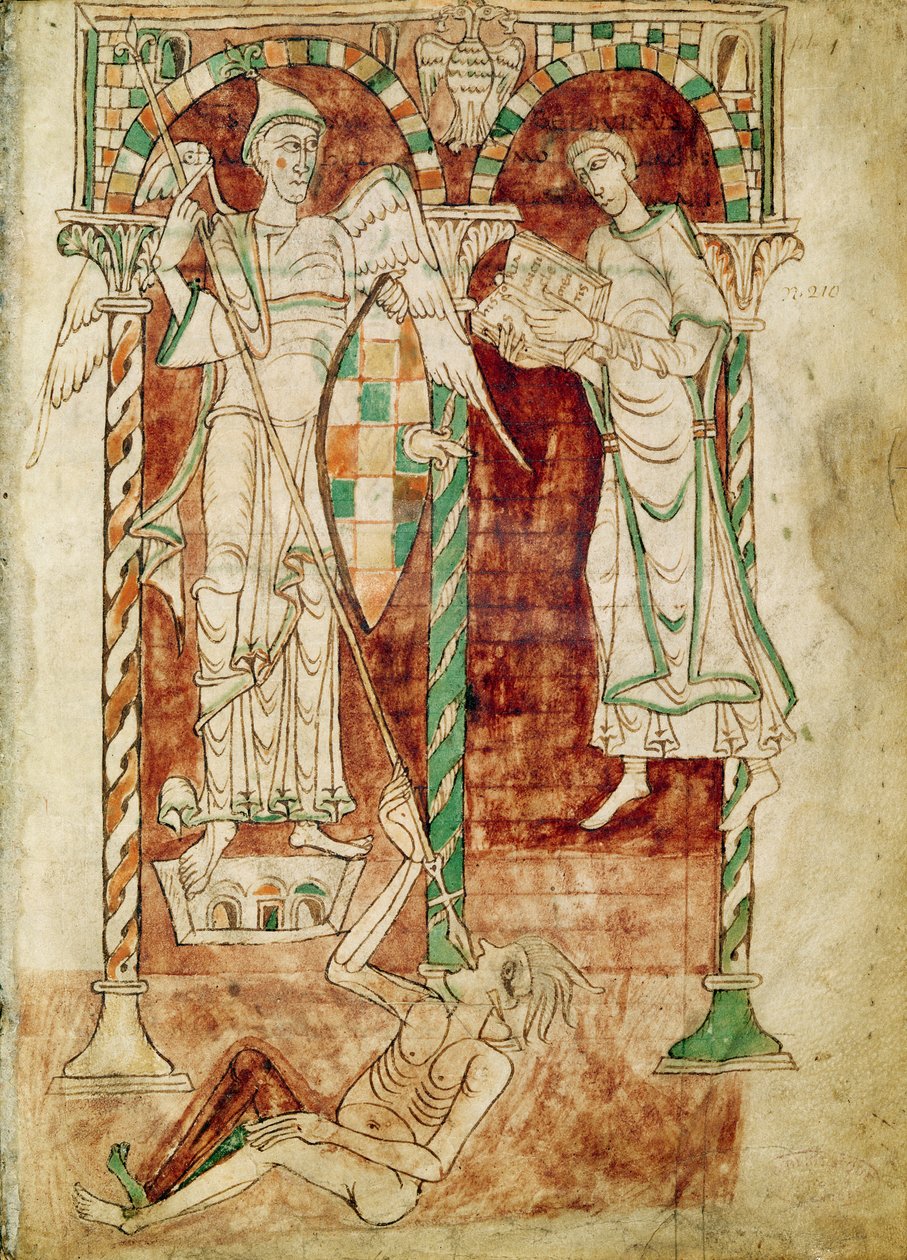 Ms 50 Fol.1v O copista apresenta seu livro a São Miguel, dos Reconhecimentos de São Clemente de French School