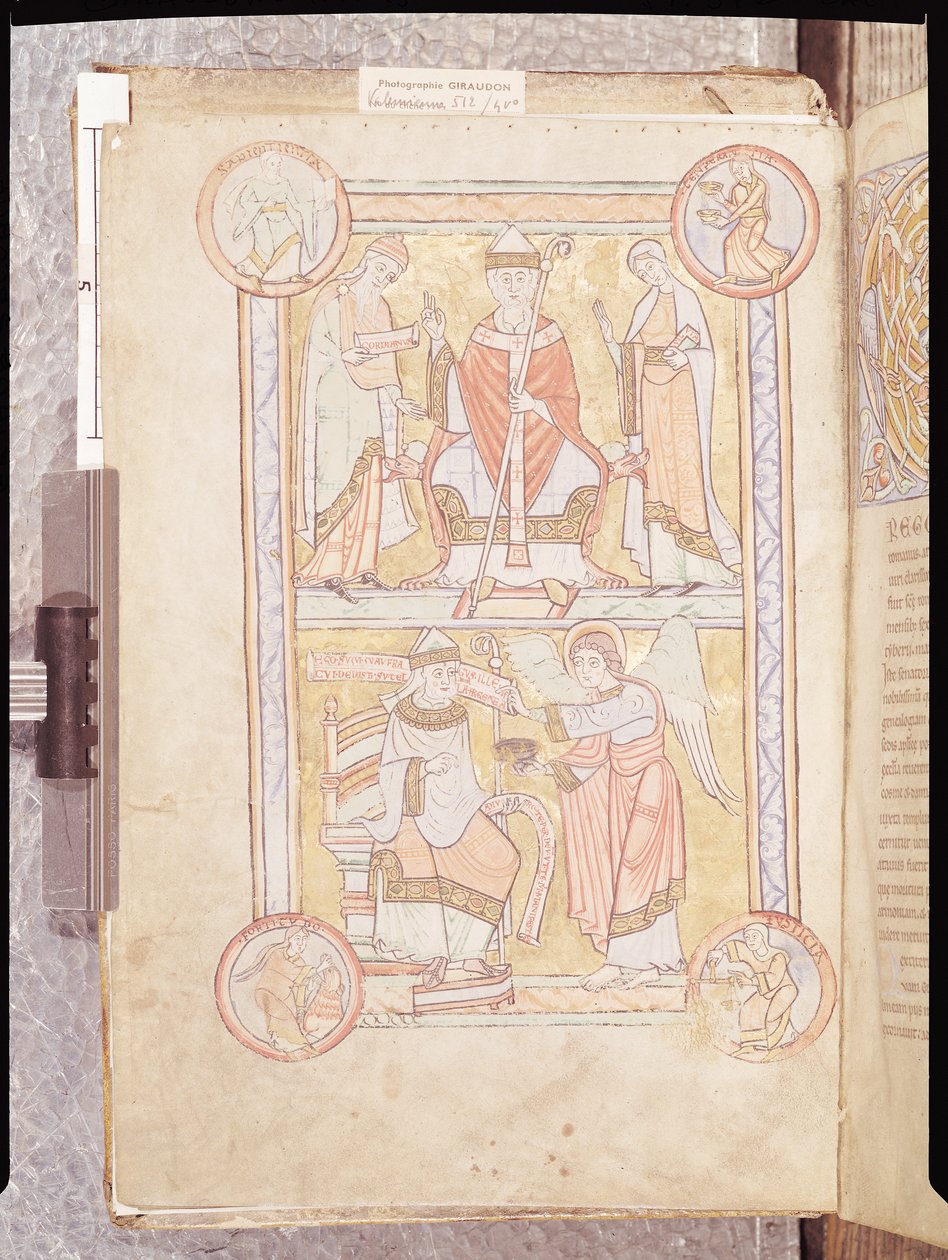 Ms 512 fol.4v São Gregório Magno (c.540-604) entre seu pai, Gordien, e sua mãe, Silvia e um homem afogado como um anjo, de Liber Pastoralis de French School