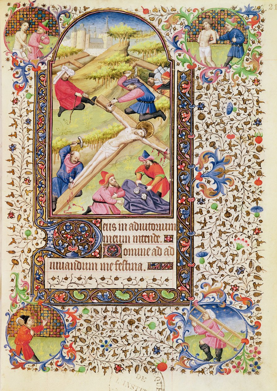 Ms 547 fol.21 Cristo sendo pregado na cruz, de um livro de horas usado por uma mulher de Poitiers de French School