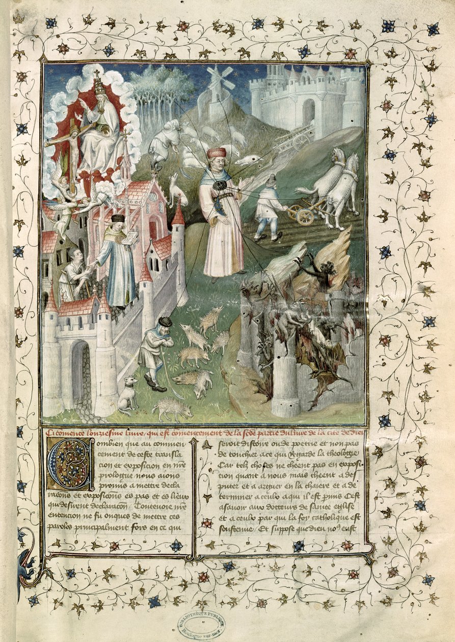 Ms 55 t.2 fol.3 A Cidade de Deus, a Cidade de Caen e a Cidade dos Vícios, de La Cité de Dieu por Santo Agostinho de Hipona (354-430) traduzido por Raoul de Preles (1316-82) de French School