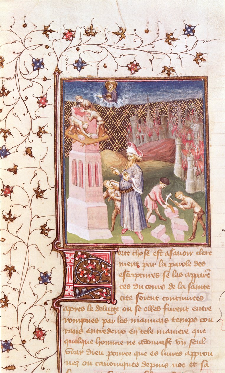 55.111v Nimrod Supervisionando a construção da Torre de Babel, de La Cité de Dieu por Santo Agostinho, traduzida por Raoul de Presles (1316-82) c.1400-50 de French School