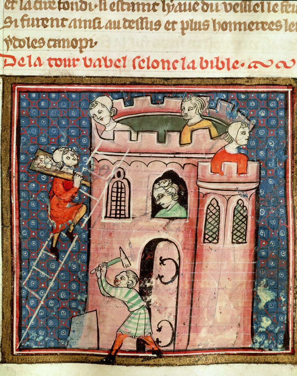Ms 59 fol.17r A construção da Torre de Babel, da Bíblia Historiale por Guiart des Moulins de French School