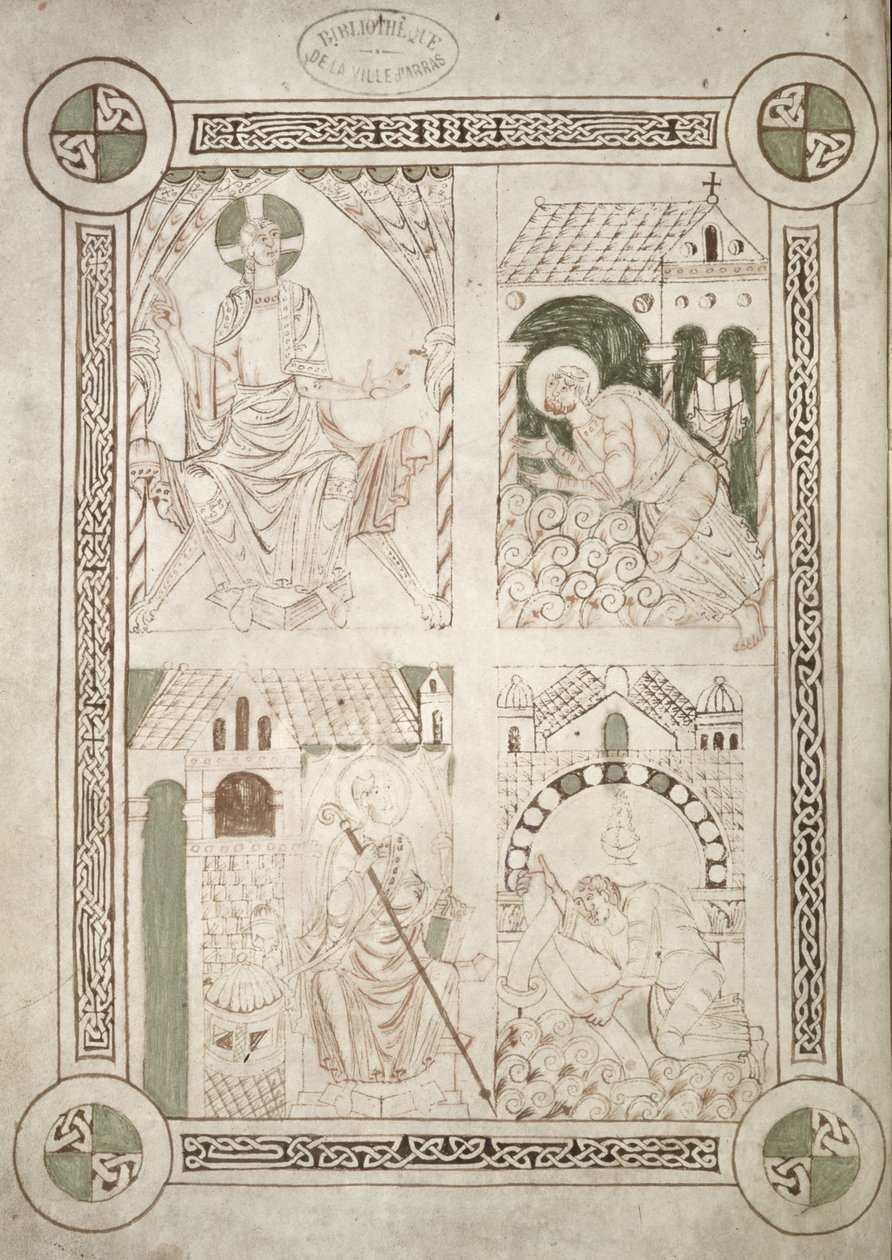 Ms 616 f.1v Santo Agostinho aos Pés de Cristo e o Escriba Alardus Oferecendo seu livro a St. Vaast, frontispício de Confissões de Santo Agostinho de French School