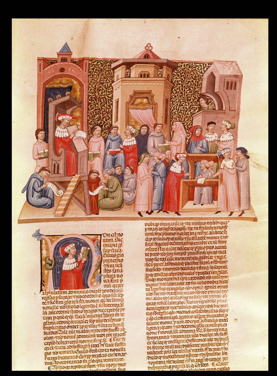 Ms 620 fol.173 Uma aula na universidade e um N inicialista historiada retratando um mestre, da Novela Super Sexto por Jean Andre de French School