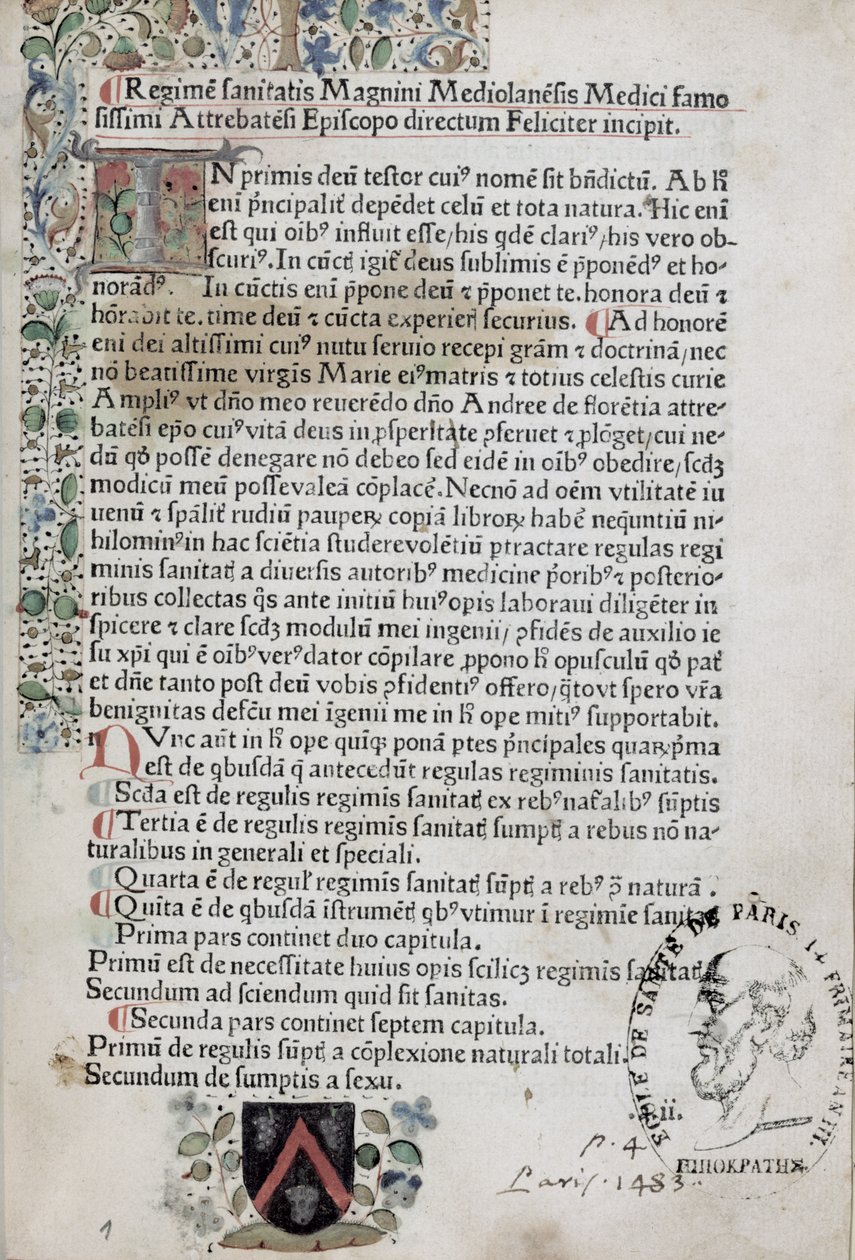 Ms 6310 Primeira página de Regimen Sanitatis, 1483 de French School