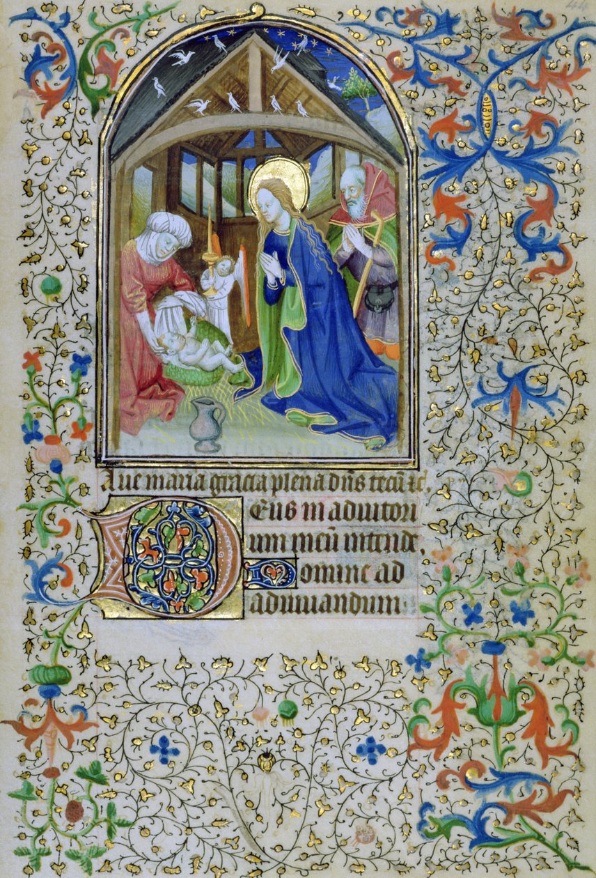 Ms 66 f.44r A Virgem e José adoram o recém-nascido Cristo, de um livro de horas, Amiens de French School