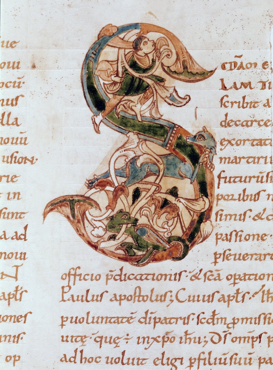 Ms 67 fol.195 Historiated initial &39;S&39;, do Comentário sobre as Epístolas de São Paulo de French School