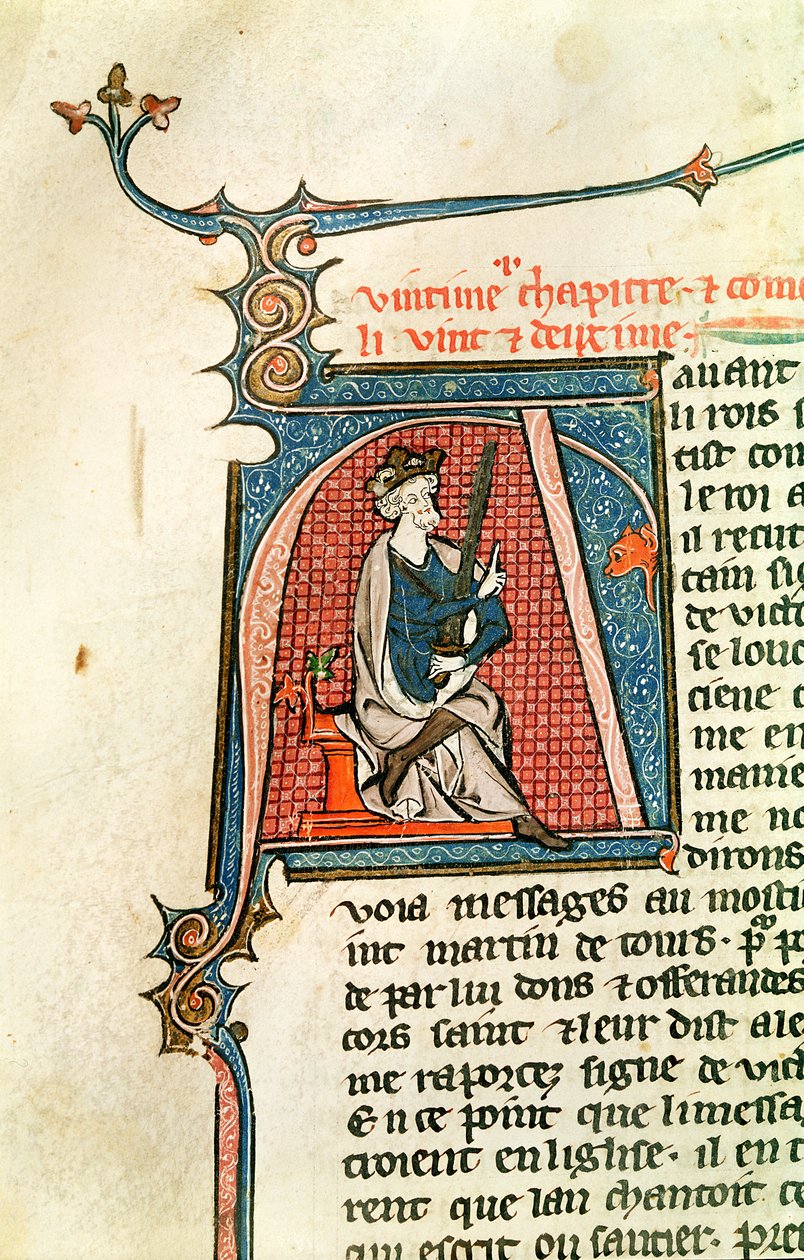 Ms 682 fol.17v Historiated inicial A representando um rei sentado segurando uma espada de dois gumes de French School