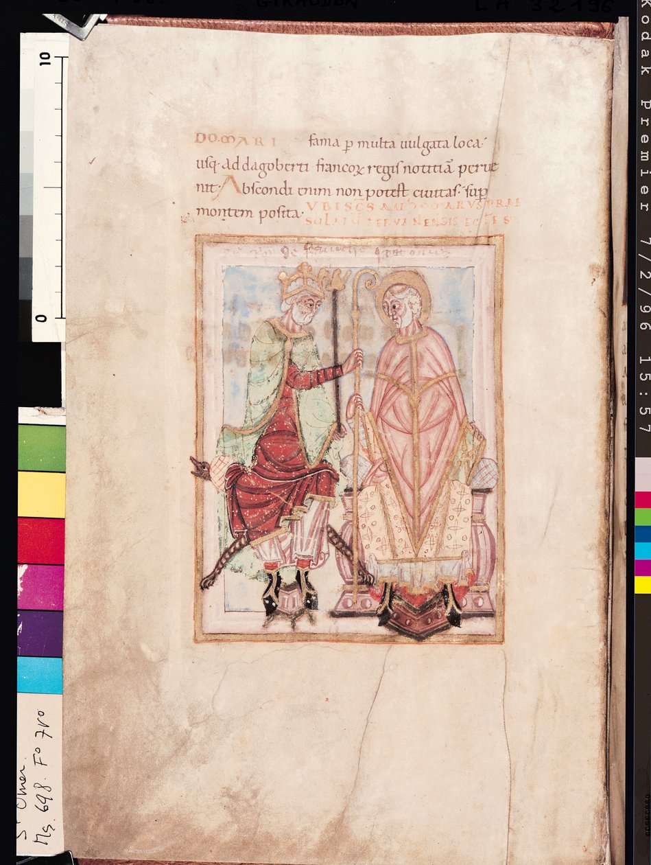 Ms 698 f.7v Dagobert I (609-39), Rei dos Francos que investem Santo Audomarus Omer (dc669) Bispo de Therouanne, como bispo missionário no Pas-de-Calais em 637, de Life of St. Omer de French School