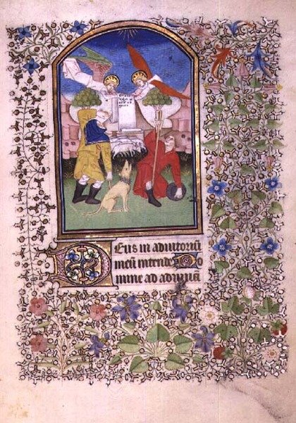 Ms 69 f.52r Dois anjos aparecendo aos pastores, do Livro de Horas de Besancon (vellum) de French School