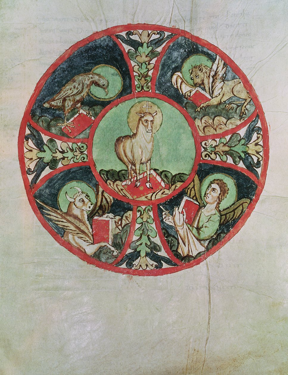 Ms. 69 fol.138v O Cordeiro de Deus cercado pelos Símbolos dos Evangelistas de French School