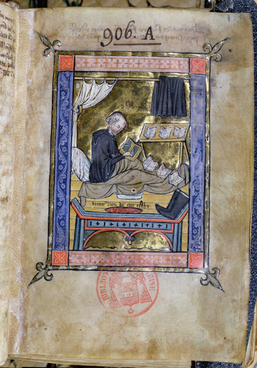 Ms 753 Fol.9 Monk escrevendo em sua cama, de Flores Bernardi por Guillaume de Tournai de French School