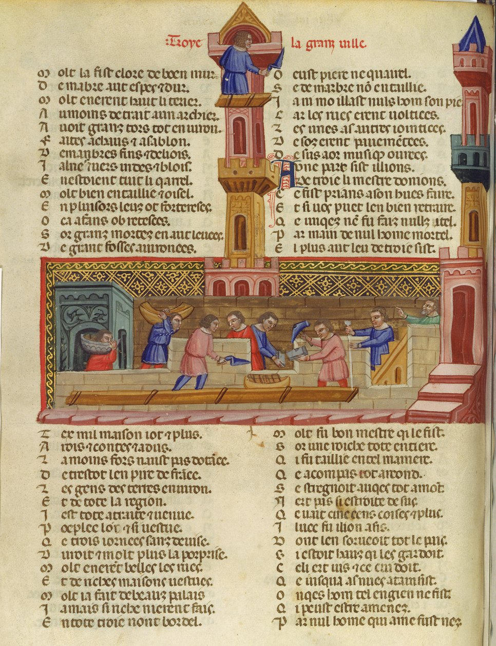 Ms 782 A construção de Tróia, ilustração de Le Roman de Troie por Benoit de St. Marc de French School