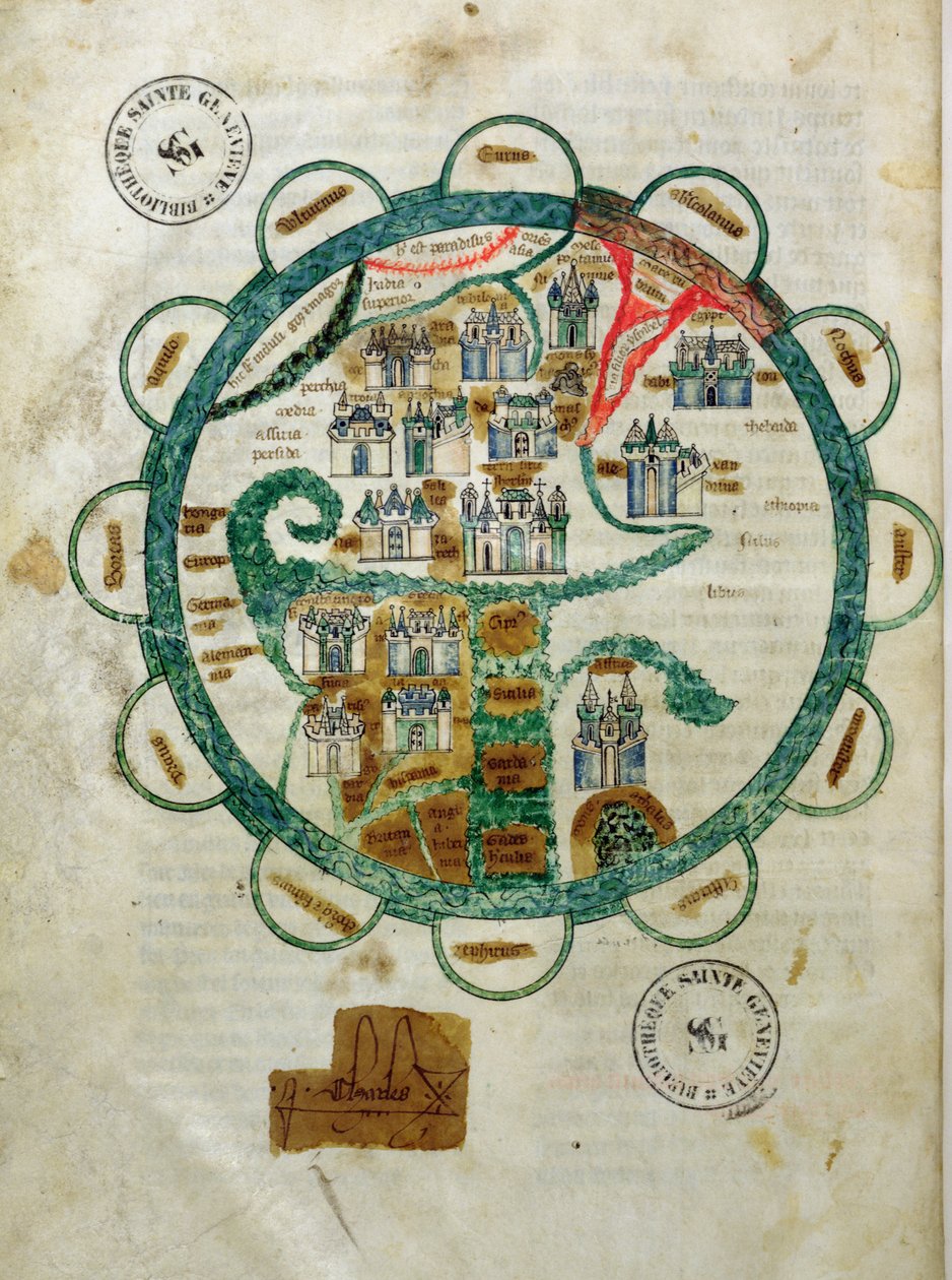 Ms 782 fol.16v. Mapa do mundo na forma de um globo, em miniatura de Grandes Chroniques de Philippe le Hardi de French School