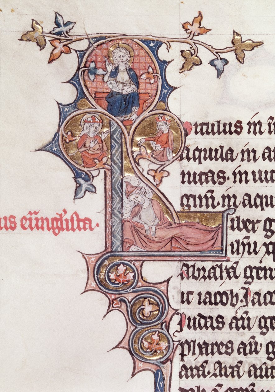 Ms 7 fol.199v Historiated L inicial que descreve a árvore de Jesse, da Bíblia de Jean dEstampes, do 13o-14o século de French School