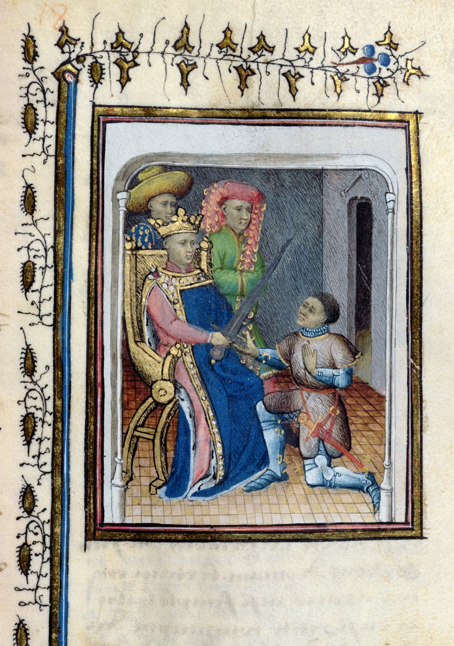Ms 814 Charles V (1338-80) retorna a Espada do Alto Constable para Bertrand du Guesclin (c.1320-80) da Histoire de Du Guesclin após o poema de Cuvelier, início do século XV de French School