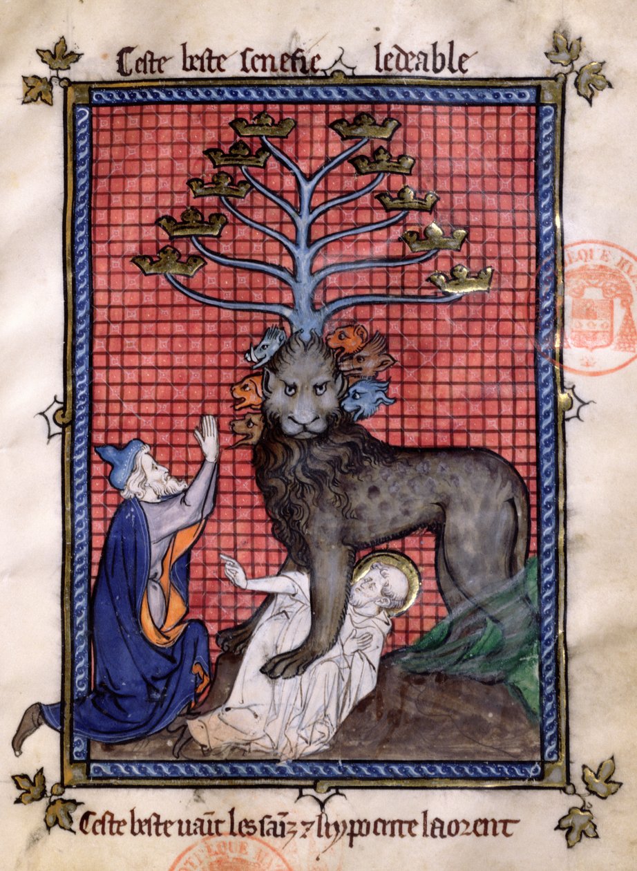 Ms 870 Fol.8 A Besta de sete cabeças do Apocalipse Venerada por um Hipócrita e Esmagador de um Santo, de La Somme le Roy por Frère Laurent, iluminada por Maitre Honoré de French School