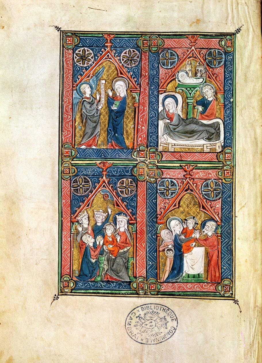 Ms 87 fol.16 A Anunciação, a Natividade, a Adoração dos Magos e a Purificação, das Horas de Mahaut d&39;Artois de French School