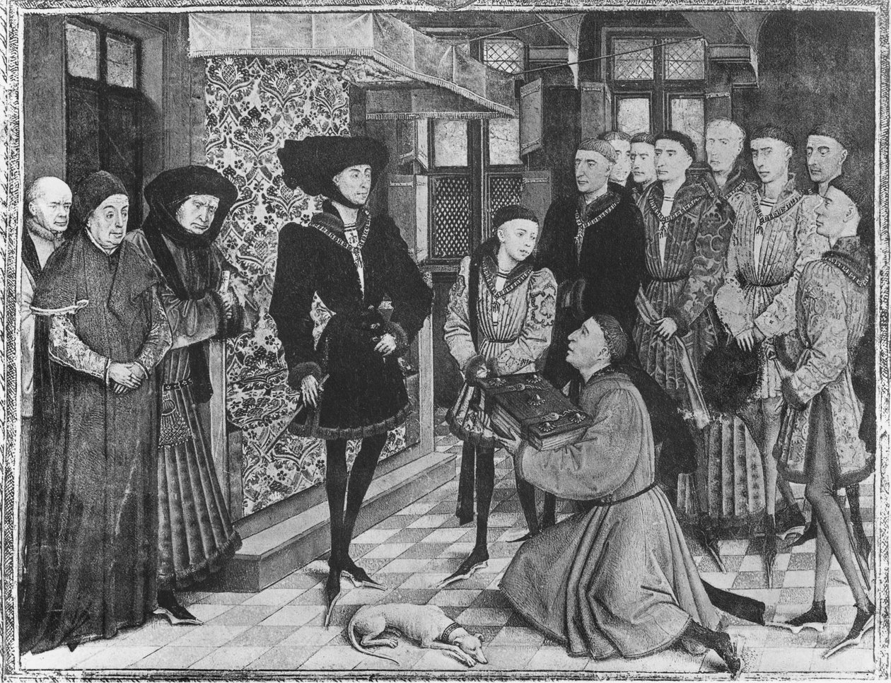 9242 Hainaut Chronicles, Filipe, o Bom, Duque de Borgonha, apresentou a tradução das Crônicas por Jean Vauquelin, Charles, o Audaz, como uma criança à sua esquerda de French School