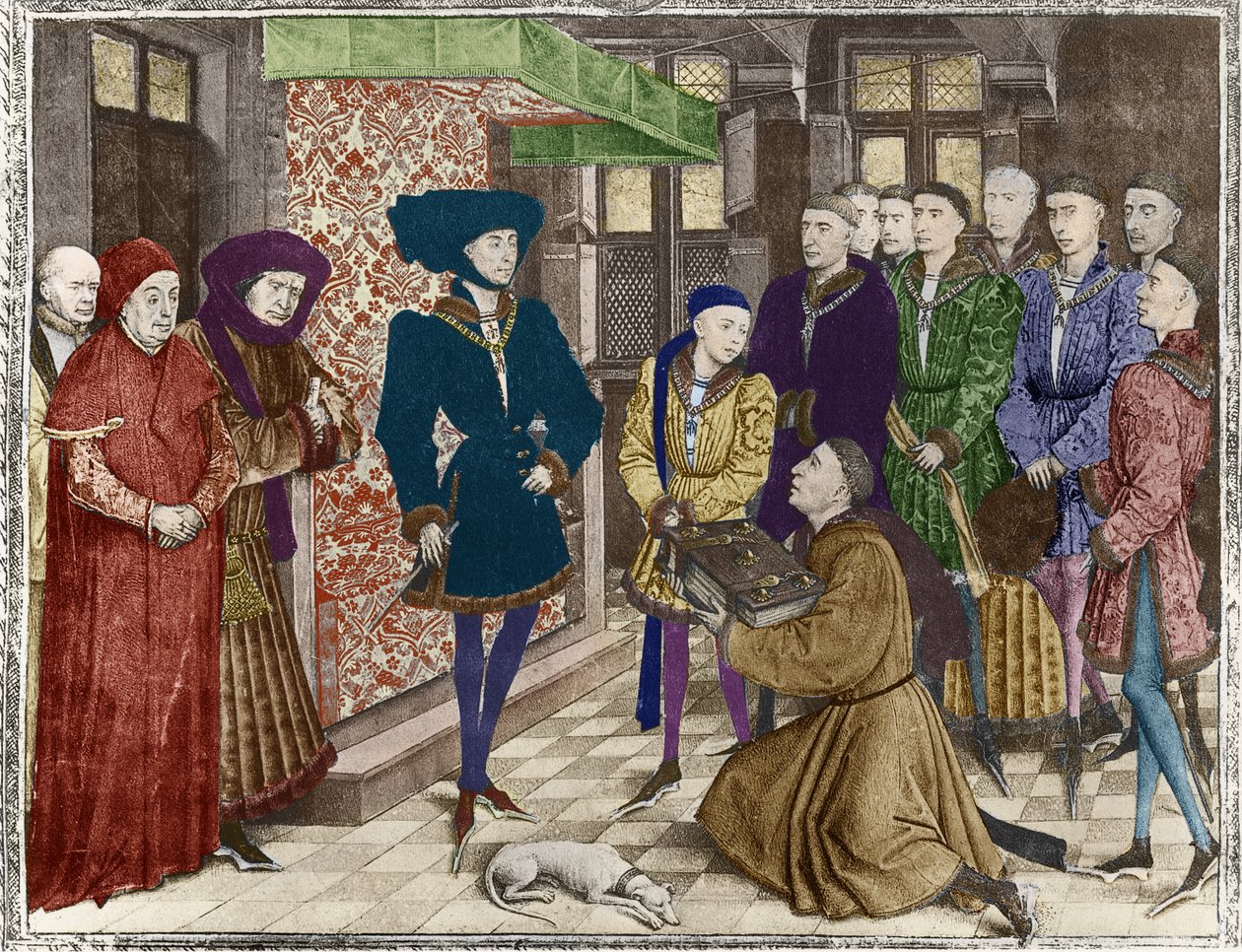 9242 Hainaut Chronicles, Filipe, o Bom, Duque de Borgonha, apresentou a tradução das Crônicas por Jean Vauquelin, Charles o Negrito como uma criança à sua esquerda (coloração posterior) de French School
