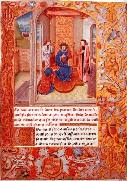 Sra. 95 Fol.1 A autora oferecendo seu livro ao Duque de Borgonha, dos Armoriais de Adolphe de Cleves, início do século XV (vellum) de French School