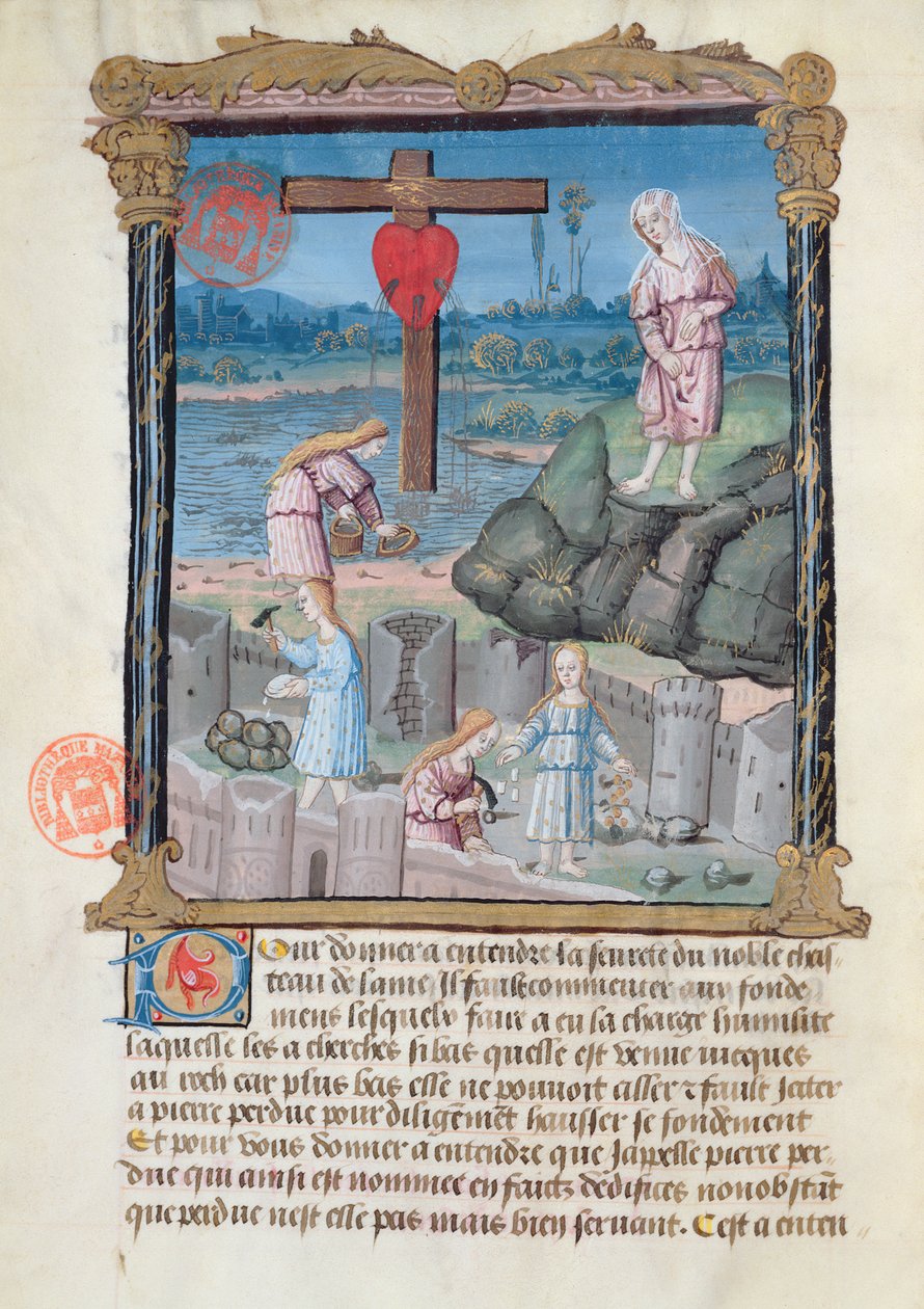 Ms 978 fol.31 A construção do castelo, ilustração de um tratado espiritual para uso de leigos por Gabrielle de Bourbon de French School