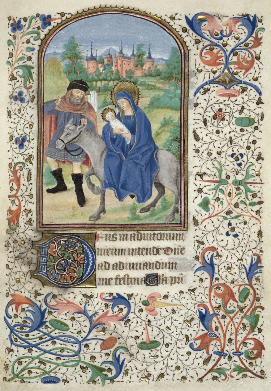 Ms Euing 4 f.55r A fuga para o Egito, das horas de Glasgow, c.1450-60 de French School