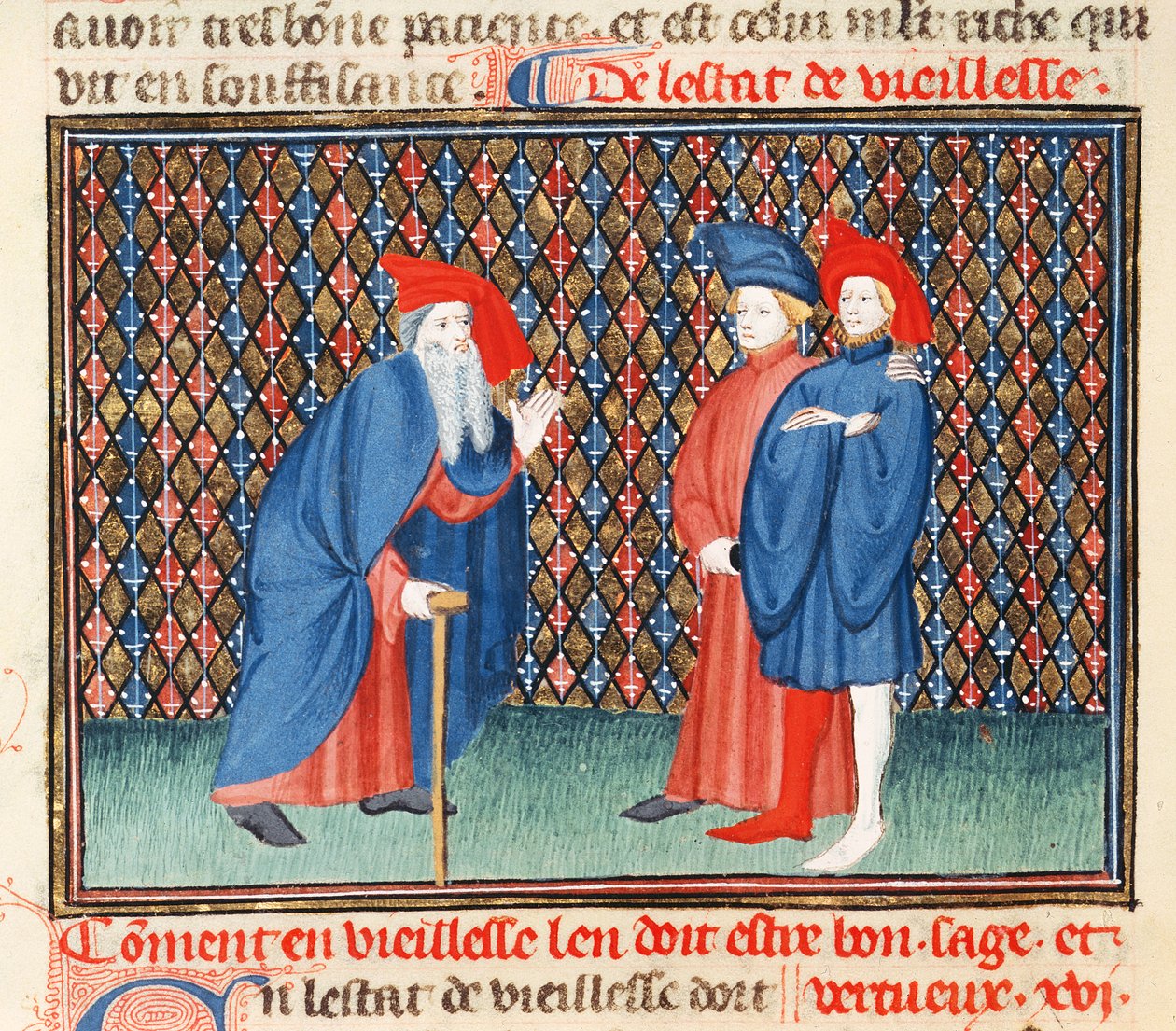 Fr. Pe. 1023 fol.57v Como os idosos devem ser bons, sábios e virtuosos, do livro dos bons costumes, de Jacques le Grant (1360-1415) de French School